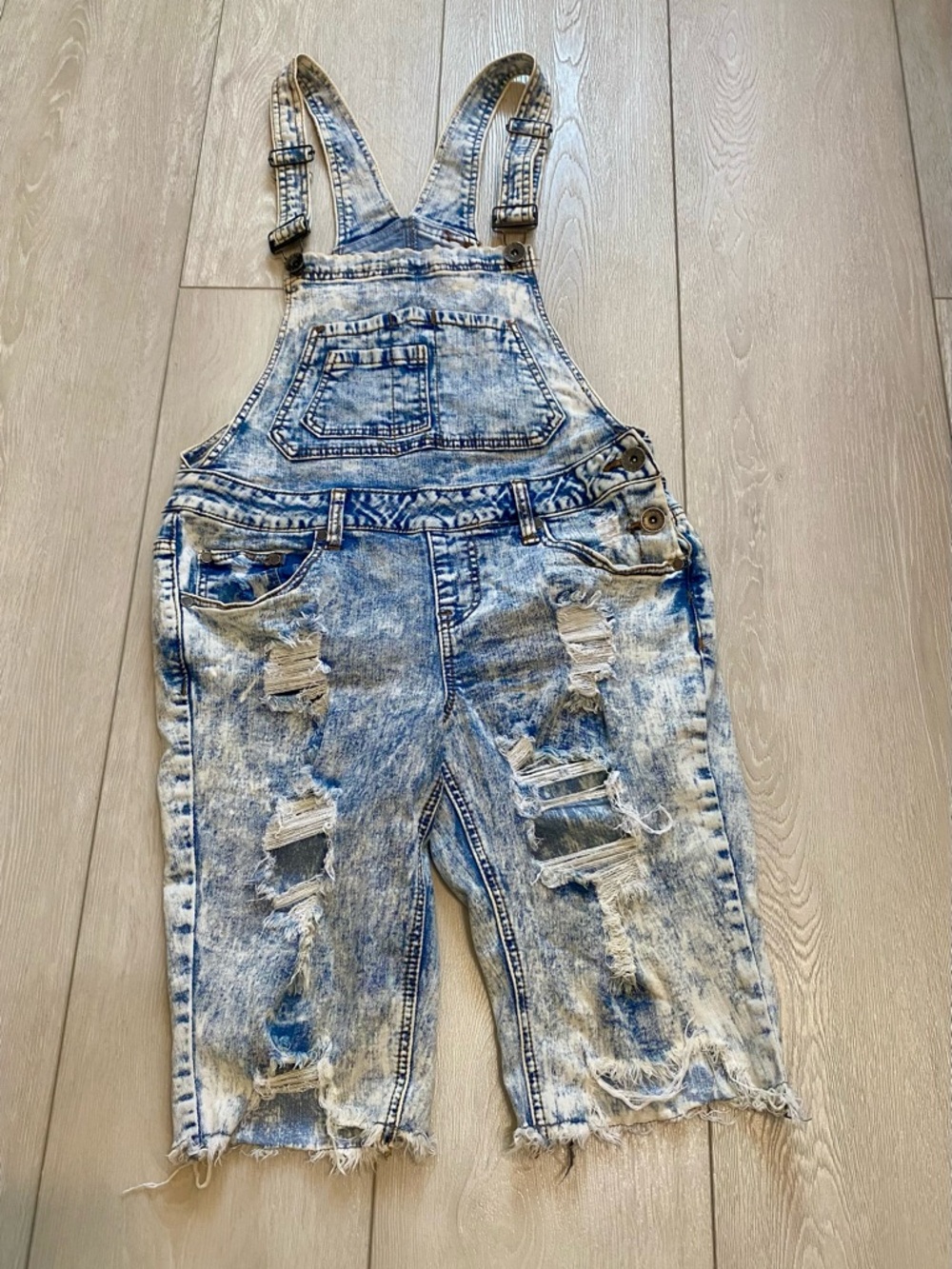 Acid-Wash Blue Distressed Denim Short Overalls - Women’s